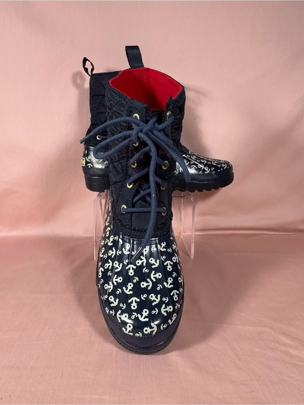 Sperry Women's Saltwater Duck Boot Navy Anchor Print Quilted STS90705 Size 8